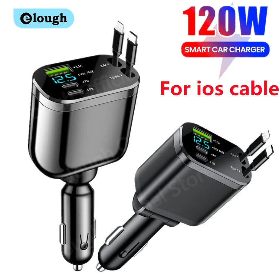 Retractable 5 in 1 Fast Charging Car Charger (Type C + IOS) / شاحن سيارة سريع 5 في 1 قابل للسحب