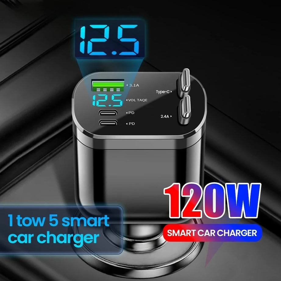 Retractable 5 in 1 Fast Charging Car Charger